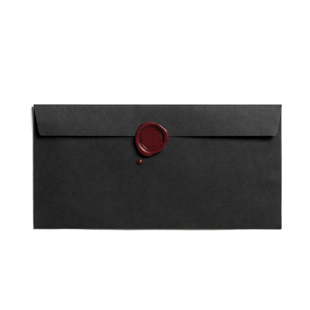 Black long business envelope with wax seal